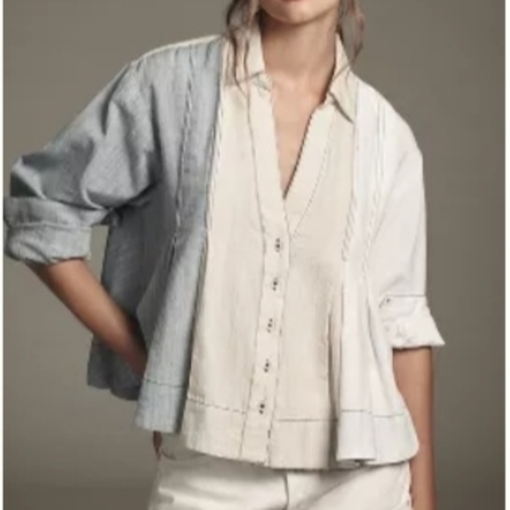 NWT Anthropologie Maeve Sz L Button-Up Linen Cotton Denim White Blouse
